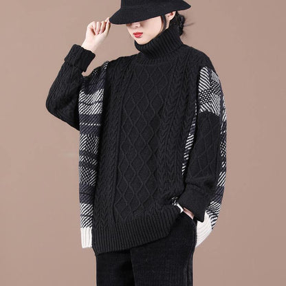 For Spring Black Plaid Khitted Clothes High Neck Knit Tops