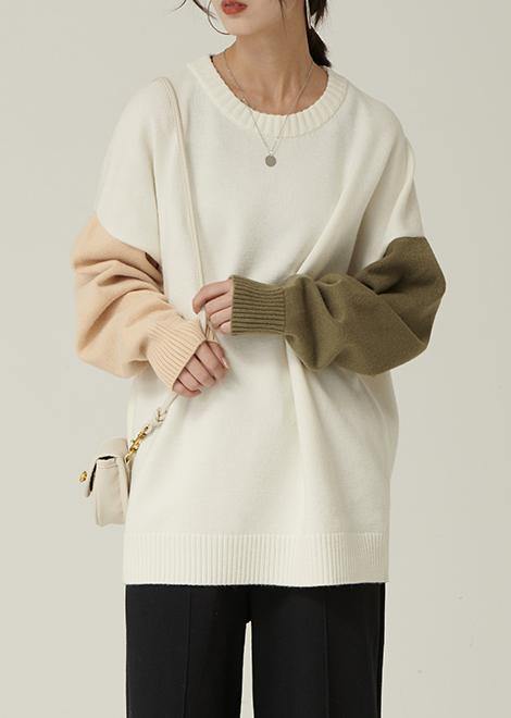 For Spring Fall Nude Knitwear Fall O Neck Patchwork Blouse