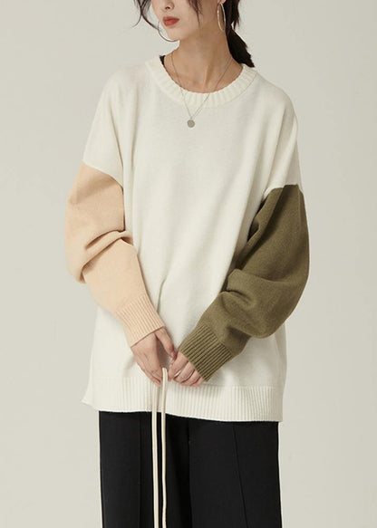 For Spring Fall Nude Knitwear Fall O Neck Patchwork Blouse