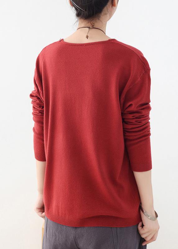 For Spring Fall Red Knitted Blouse V Neck Knitted Top