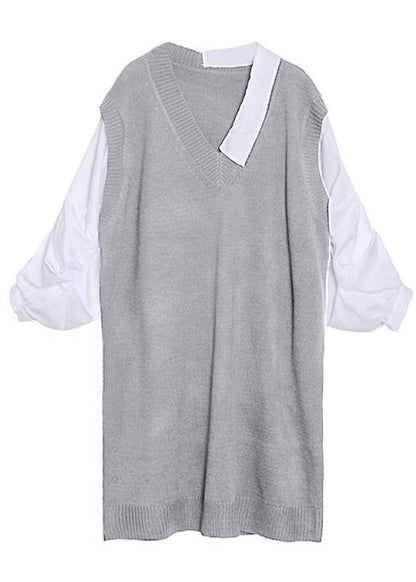 For Spring Patchwork Puff Sleeve Sweater Weather Gray Mujer Knit Dress