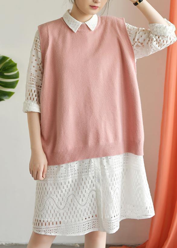 For Spring Pink Clothes O Neck Knit Tops Low High Design