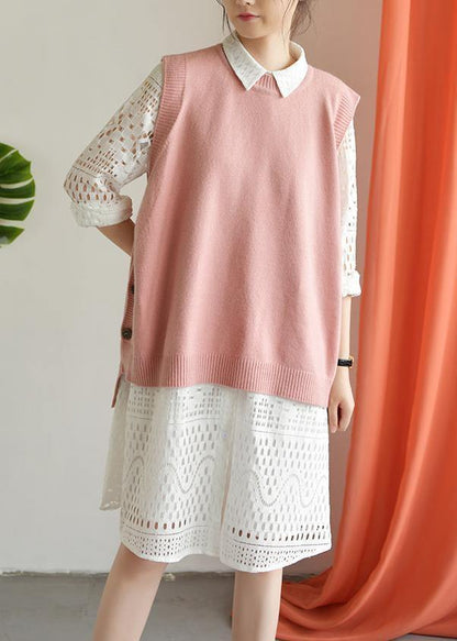 For Spring Pink Clothes O Neck Knit Tops Low High Design