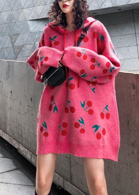 For Spring Pink Print Sweater Weather Drawstring Hooded Knitted Tops