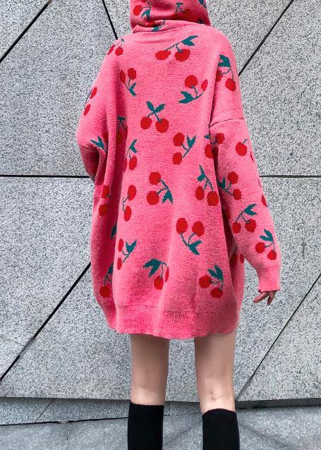 For Spring Pink Print Sweater Weather Drawstring Hooded Knitted Tops