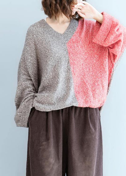 For Spring Red Knitwear V Neck Patchwork Clothes for