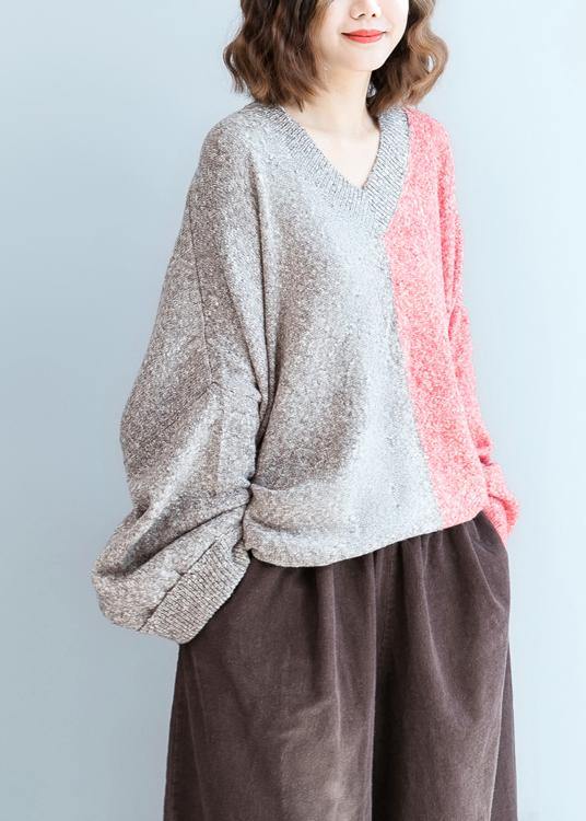 For Spring Red Knitwear V Neck Patchwork Clothes for