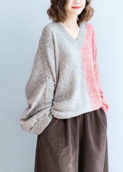 For Spring Red Knitwear V Neck Patchwork Clothes for