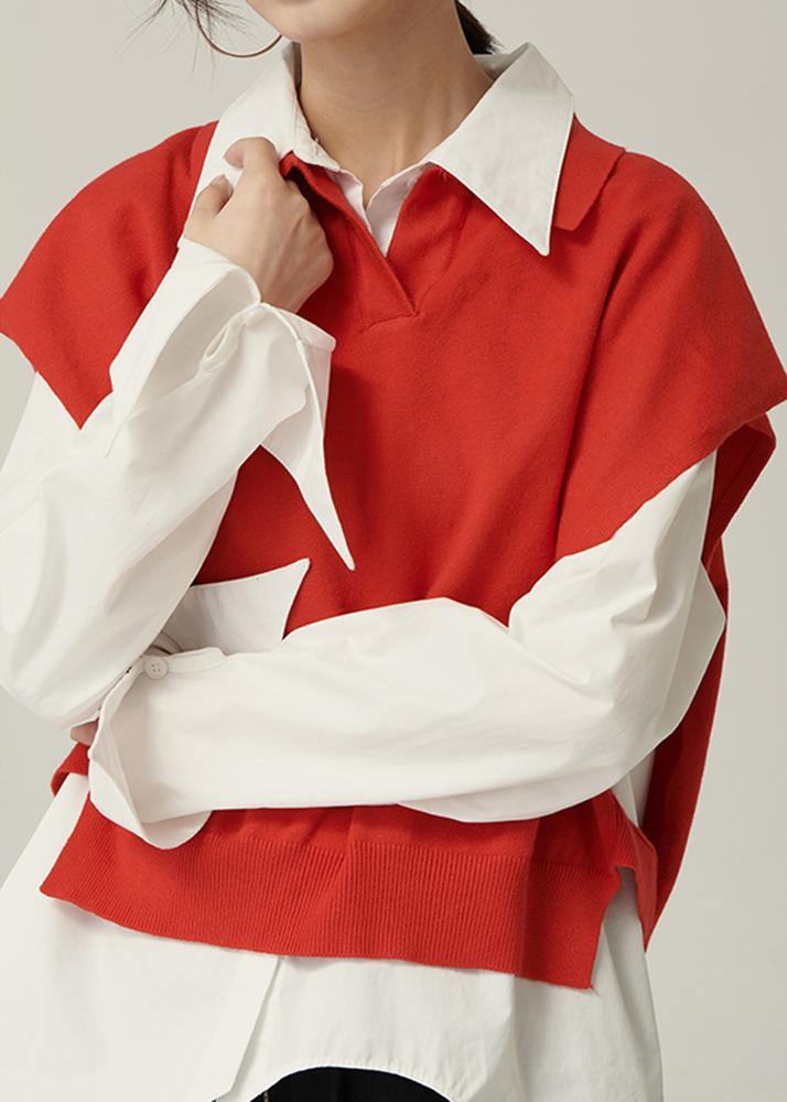 For Spring Red Sweaters Lapel Sleeveless Knit Tops