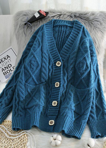 For Spring V Neck Knit Outwear Loose Fitting Blue Two Pockets Knit Coats