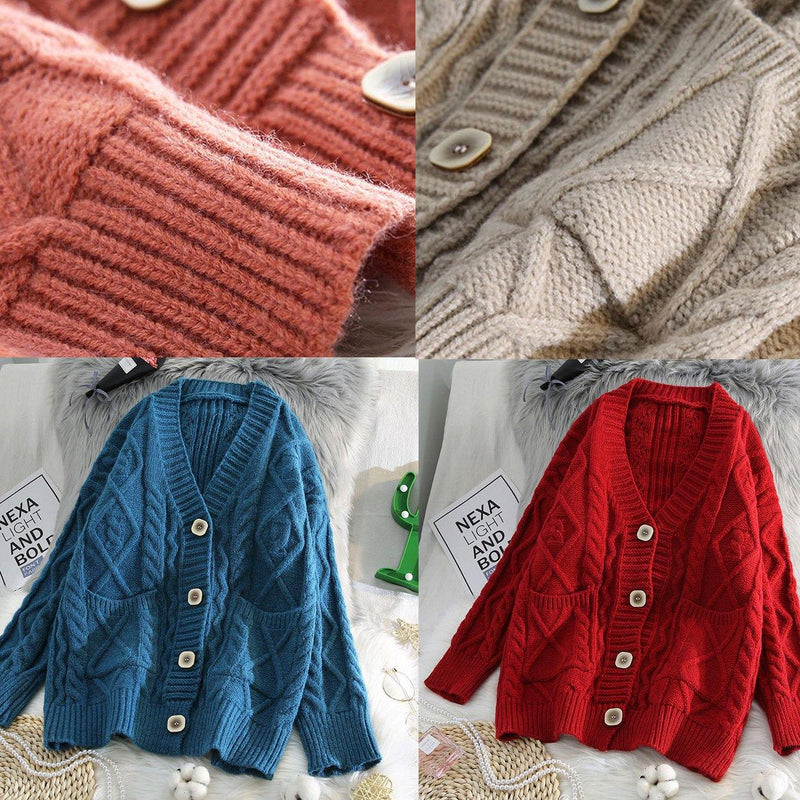 For Spring V Neck Knit Outwear Loose Fitting Blue Two Pockets Knit Coats