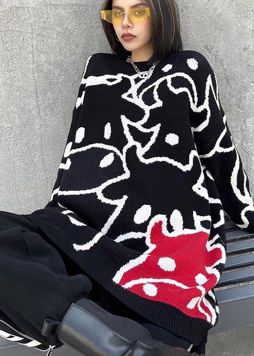For Work Black Cartoon Flower Weaving Knit Blouse O Neck Knit Sweat Tops