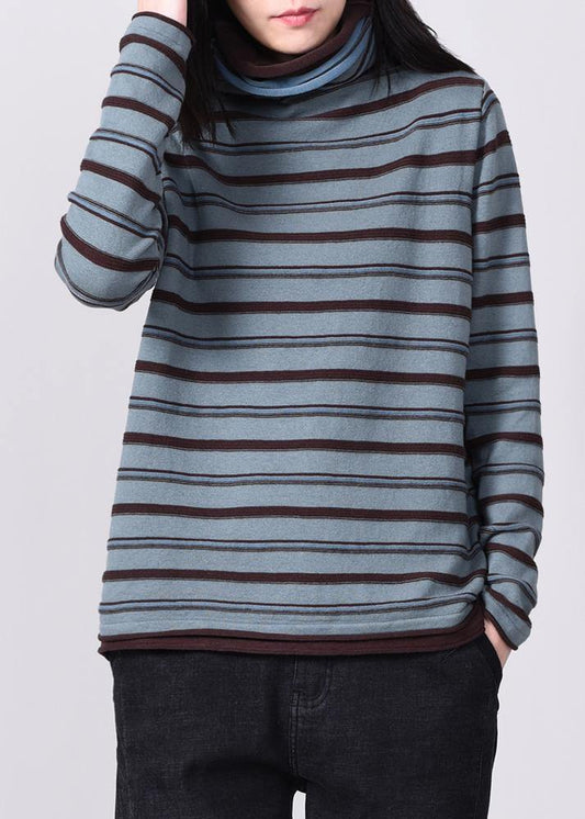 For Work Blue Knitted Blouse Striped Sweaters High Neck