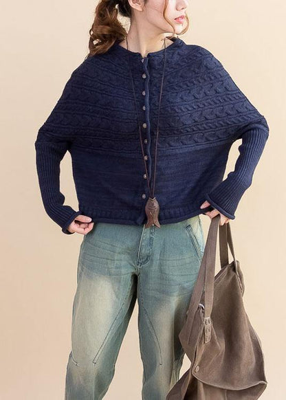 For Work Dark Blue Loose Fitting Fall Knitwear O Neck Button Down Tops