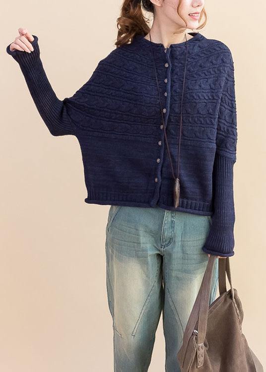 For Work Dark Blue Loose Fitting Fall Knitwear O Neck Button Down Tops
