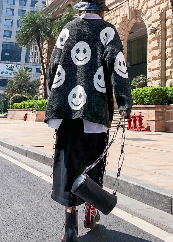 For Work Dark Gray Print Clothes O Neck Knit Tops