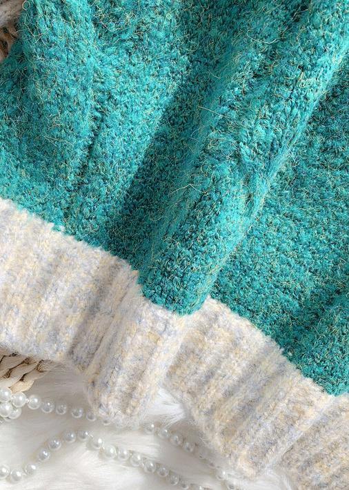 For Work Fall Green Knit Sweat Tops High Neck Patchwork Blouse
