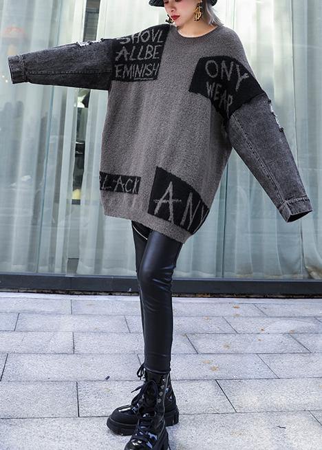 For Work Gray Chocolate Patchwork Knitted Clothes O Neck Hole Knitwear
