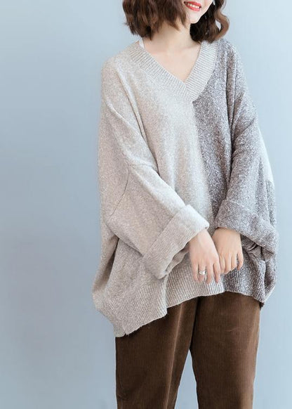 For Work Gray Knitted T Shirt V Neck Patchwork Knit Sweat Tops