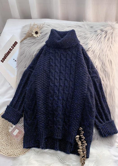 For Work Navy Clothes Asymmetric Hem Oversized High Neck Knit Tops
