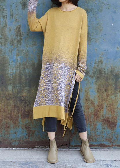 For Work Side Open Sweater O Neck Weather Classy Yellow Jacquard Hipster Sweater Dress