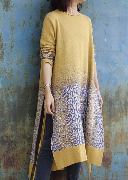For Work Side Open Sweater O Neck Weather Classy Yellow Jacquard Hipster Sweater Dress