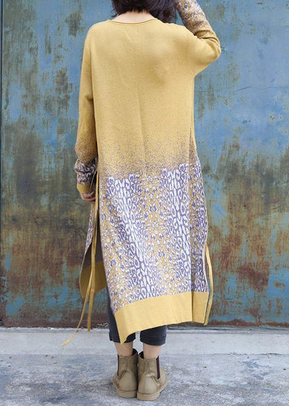 For Work Side Open Sweater O Neck Weather Classy Yellow Jacquard Hipster Sweater Dress
