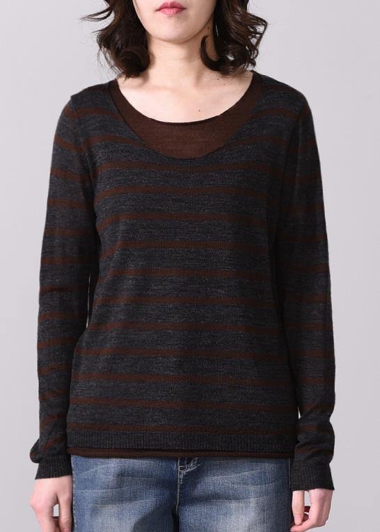 For Fall Striped Knitted T Shirt False Two Piecesknit Sweat Tops O Neck