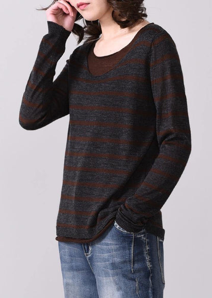 For Fall Striped Knitted T Shirt False Two Piecesknit Sweat Tops O Neck