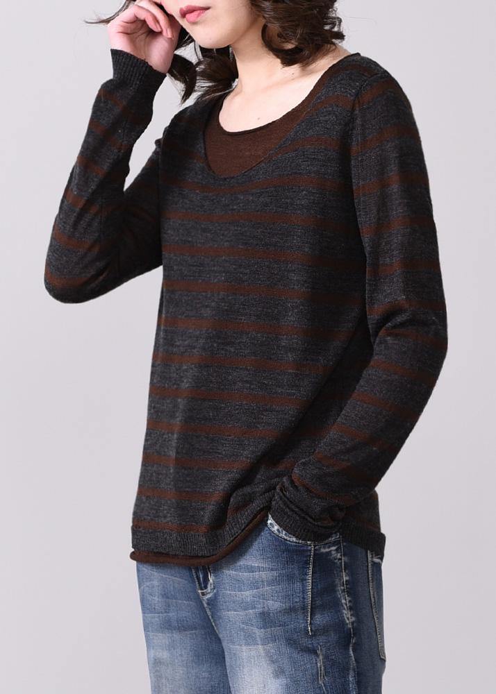 For Fall Striped Knitted T Shirt False Two Piecesknit Sweat Tops O Neck