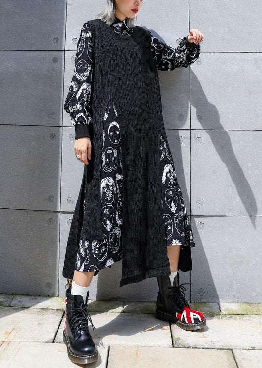 For Two Pieces Sweater Aesthetic Black Asymmetric Big Knit Top Fall