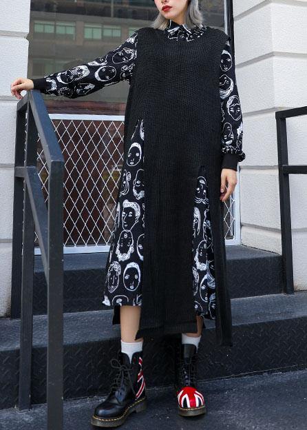 For Two Pieces Sweater Aesthetic Black Asymmetric Big Knit Top Fall