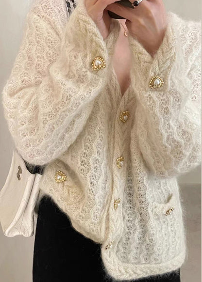 French Apricot Button Hollow Out Cotton Knit Coats Fall
