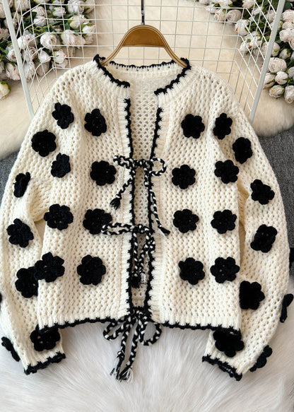 French Apricot O-neck Tie Waist Cotton Knit Cardigans Spring