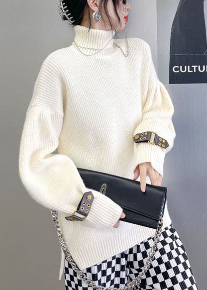 French Apricot Turtleneck Low High Design Loose Fall Knitted Sweaters
