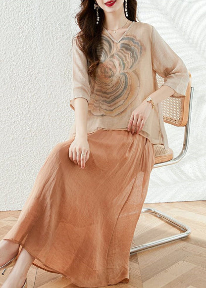 French Apricot V Neck Print Patchwork Tops and Skirts Cotton Two Pieces Set Summer