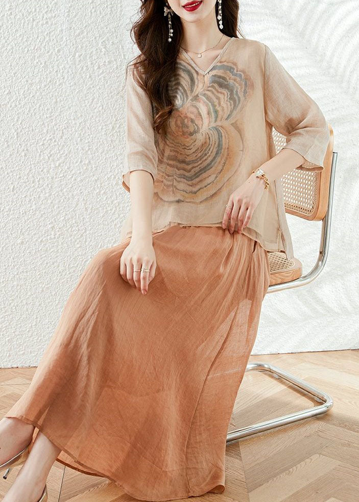 French Apricot V Neck Print Patchwork Tops and Skirts Cotton Two Pieces Set Summer
