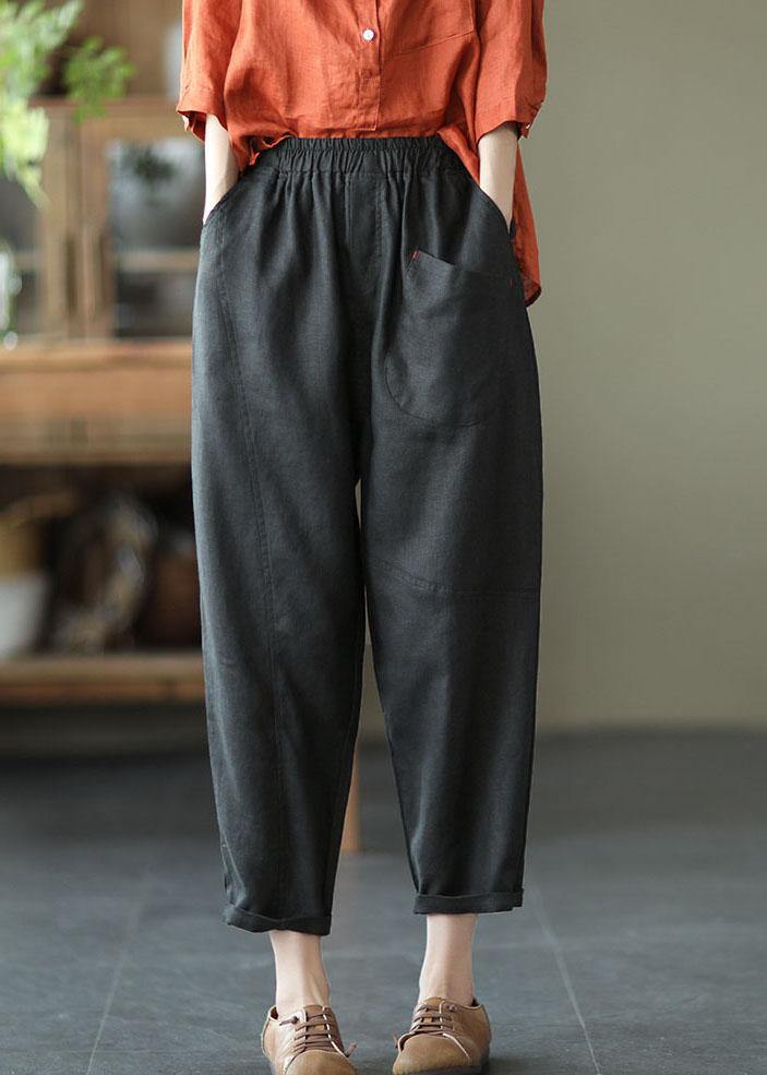 French Black Geometry Elastic Waist Harem Summer Pants Linen