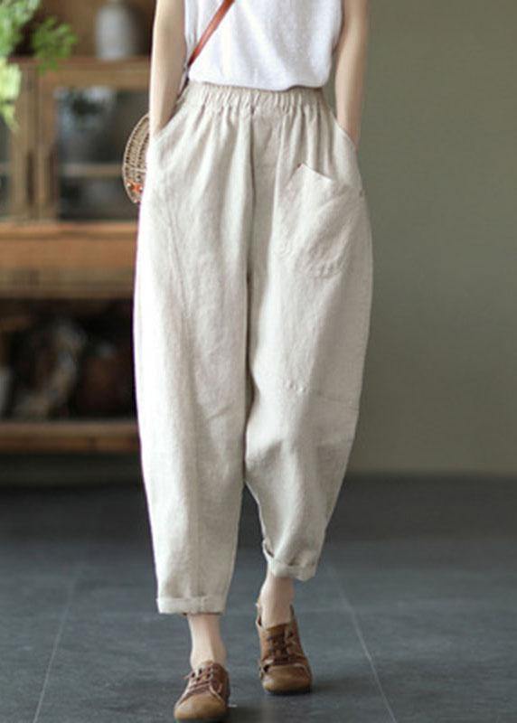 French Color Stripes Elastic Waist Harem Summer Pants Linen