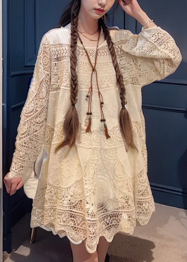 French Beige Hollow Out Lace Mid Dress Spring