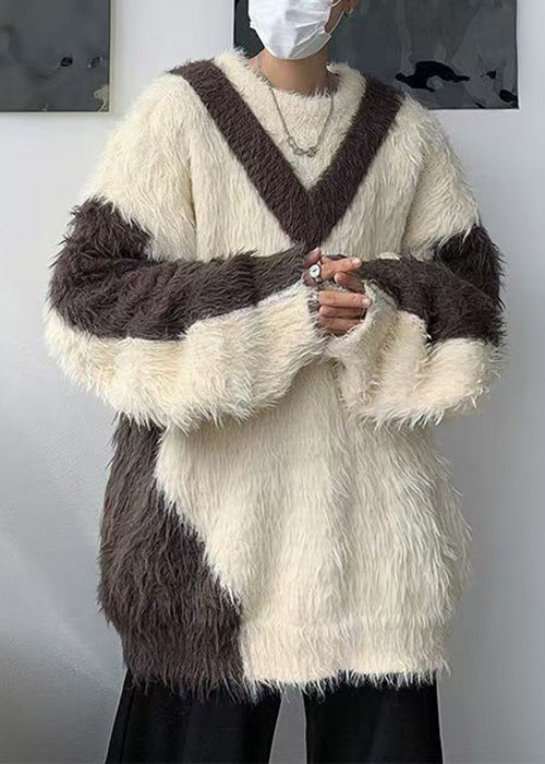 French Beige O-neck Patchwork Mink Velvet Sweater Winter