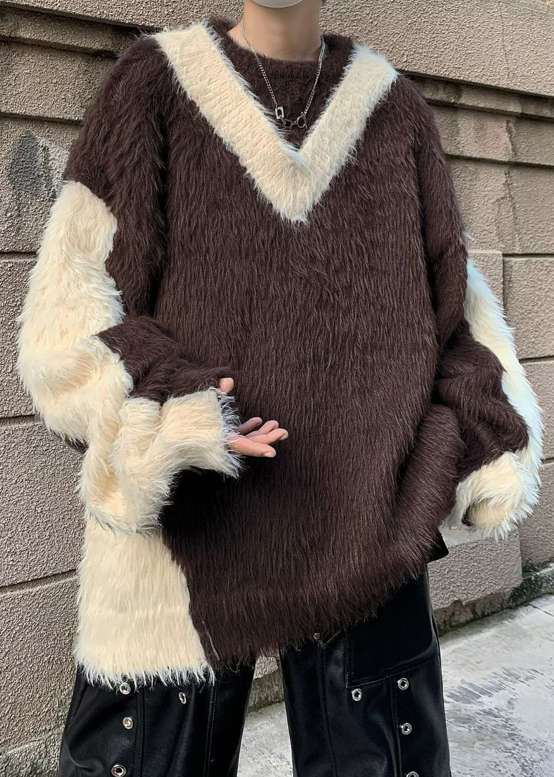 French Beige O-neck Patchwork Mink Velvet Sweater Winter