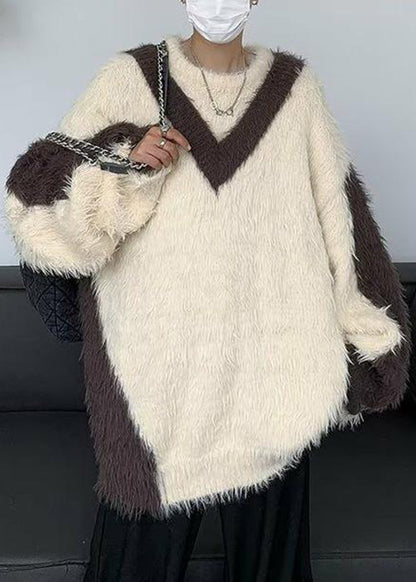 French Beige O-neck Patchwork Mink Velvet Sweater Winter