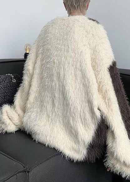 French Beige O-neck Patchwork Mink Velvet Sweater Winter