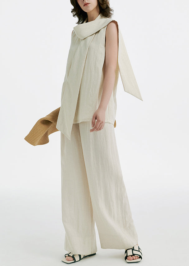 French Beige Silk Linen Top and Wide Leg Pants Two Pieces Set Sleeveless