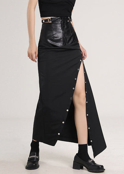 French Black Button Patchwork Side Open Skirts Spring