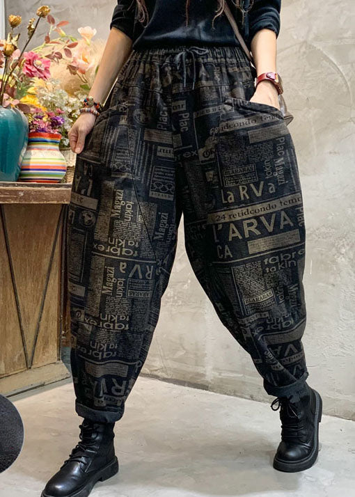 French Black Cinched Graphic Denim Pants Winter