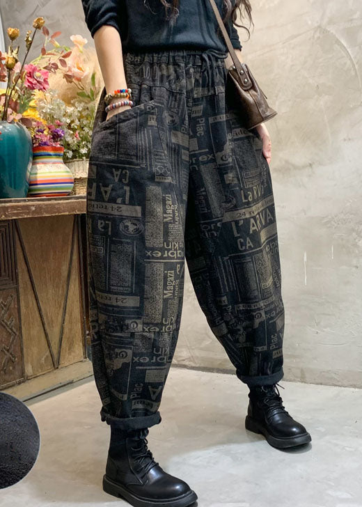 French Black Cinched Graphic Denim Pants Winter