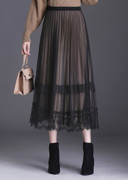 French Black Lace Patchwork Pleated Wear on Both Sides Fall Skirt