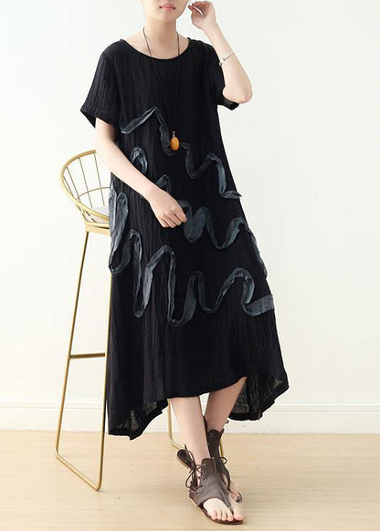 French Black Loose Linen Summer Dresses